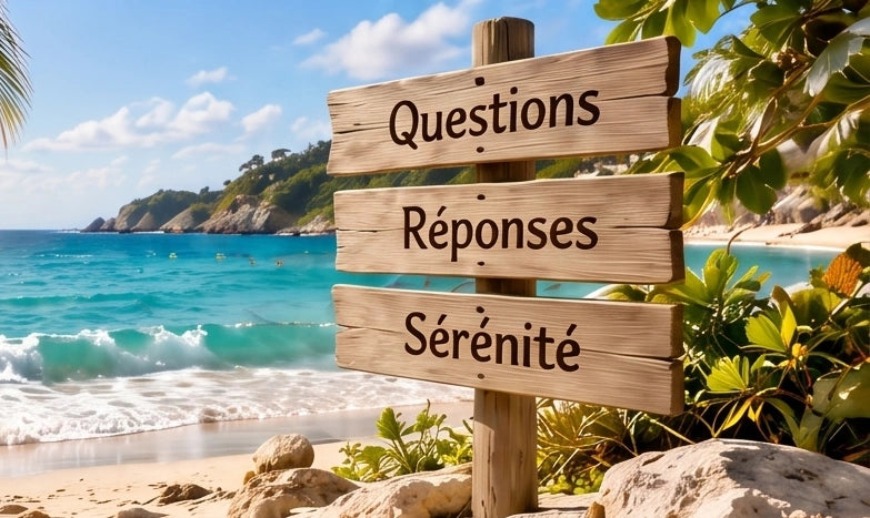 Plage turquoise et panneau en bois Questions, Réponses, Sérénité
