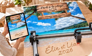 Préparation de Plage Claire : modèle sur tablette et graveuse sur rails au-dessus de la personnalisation.