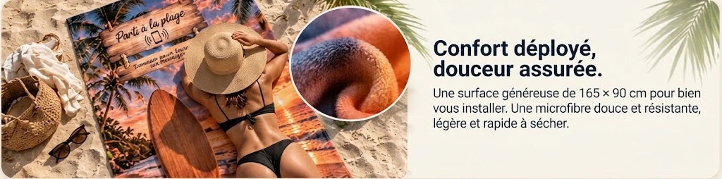 Femme sur une serviette Surf Sunset, avec un détail de sa texture textile.