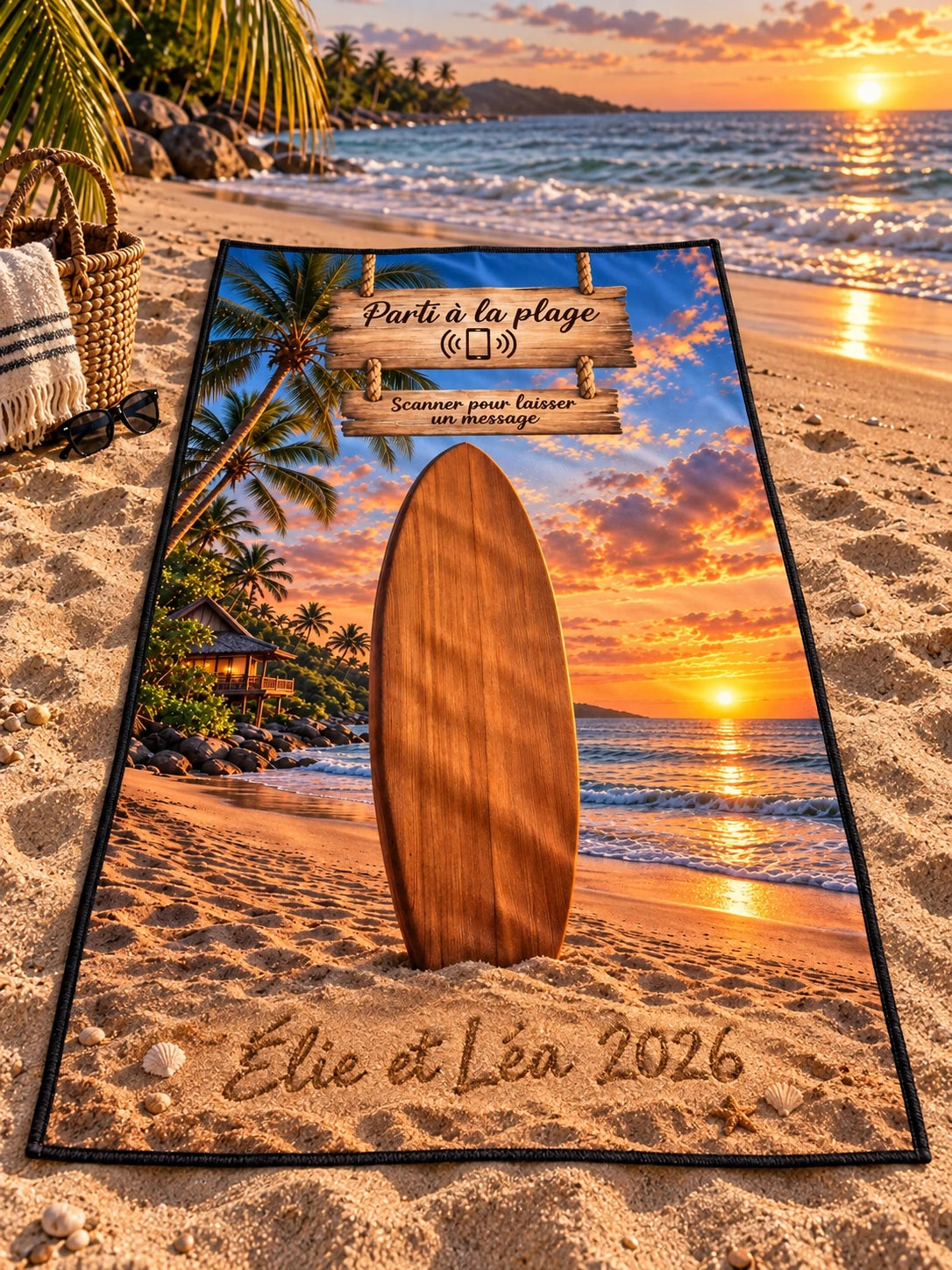 Personnalisation Élie et Léa 2026 dans la zone de sable de Surf Sunset.