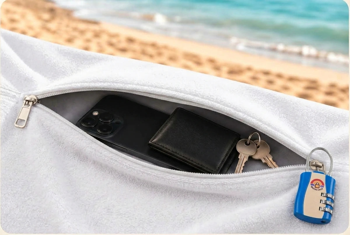 Pochette intégrée BeachLock avec téléphone, clés et petit portefeuille.