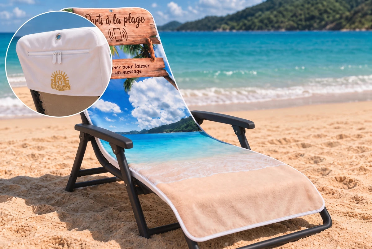Plage Claire enfilée profondément sur le dossier d’une chaise longue, revers et finitions blancs.